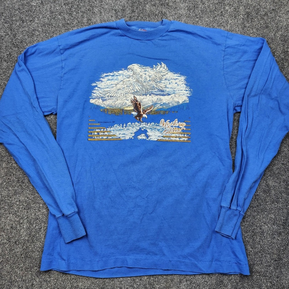 Vintage Fruit Of The Loom Shirt Mens XL Blue Western Skies Eagle Graphic 90s USA